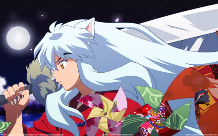 InuYasha, the iconic anime character, is depicted in this HD desktop wallpaper, showcasing his flowing white hair and dynamic pose against a moonlit background.