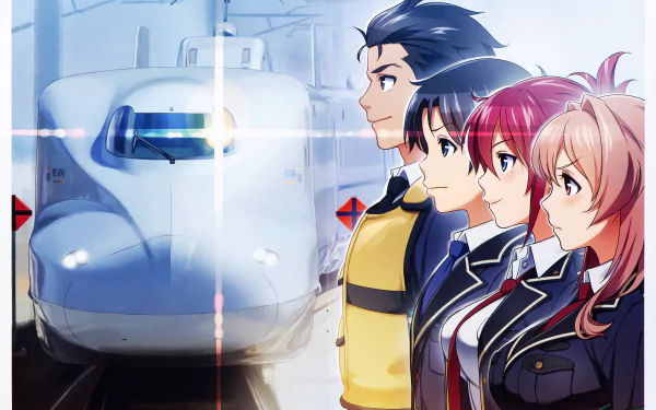 Anime-style 4K Ultra HD desktop wallpaper featuring characters from Rail Wars! standing beside a sleek Shinkansen train.