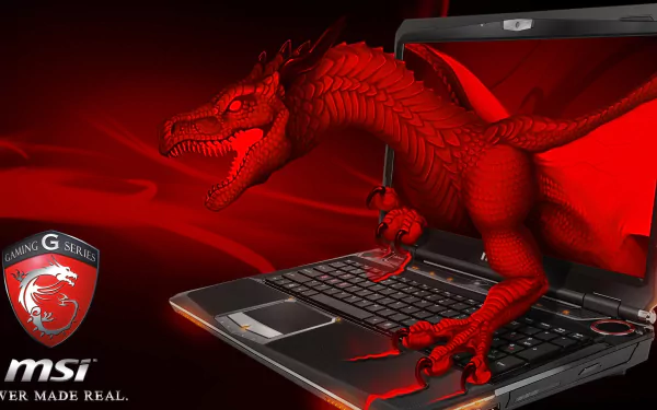 A fiery red dragon emerging from an MSI laptop, blending themes of technology and fantasy in a dynamic HD desktop wallpaper.