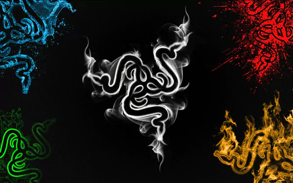 A striking HD desktop wallpaper featuring the Razer logo in a dynamic design, surrounded by colorful, smoke-like graphics in blue, red, green, and yellow against a black background.