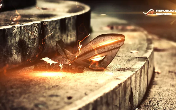 HD PC desktop wallpaper featuring the glowing Asus ROG logo integrated into a textured, industrial stone surface, highlighting computer technology and gaming themes.