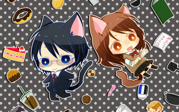 Anime chibi Izumi Miyamura and Hori Kyouko as cat-eared figures on a gray polka-dot background with snacks and stationery — Hori-san to Miyamura-kun HD wallpaper.