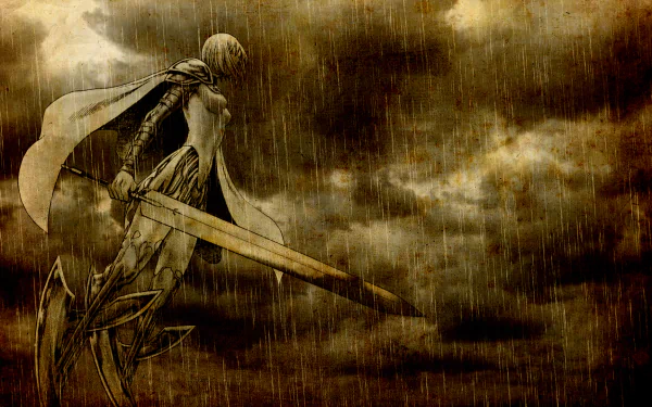 Anime-inspired Claymore character stands with a massive sword under a stormy, rain-soaked sky in this dramatic HD PC desktop wallpaper and background.