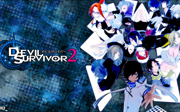 HD PC desktop wallpaper featuring vibrant characters from the video game Shin Megami Tensei: Devil Survivor 2 with a dynamic blue and white background.