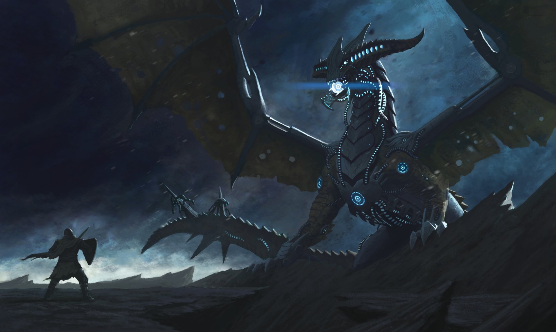 A fantasy warrior stands defiantly before a massive, futuristic dragon in this stunning 4K Ultra HD wallpaper, capturing the essence of epic battles in the Mass Effect universe.