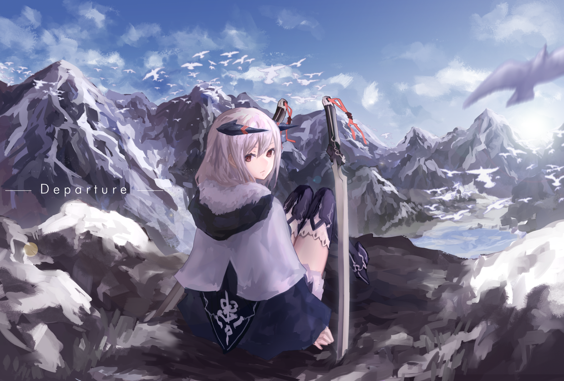 Anime-inspired HD wallpaper featuring a character with a sword, gazing over a mountain landscape, embodying themes of adventure and departure against a vibrant sky.