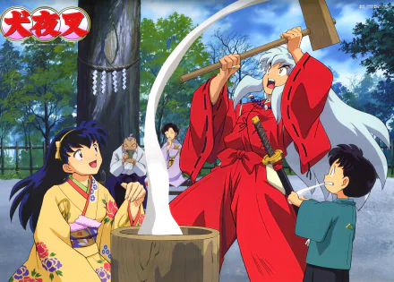 InuYasha and friends are featured in this vibrant HD wallpaper, capturing a lively scene with characters from the beloved anime. The atmosphere is filled with joy and action.