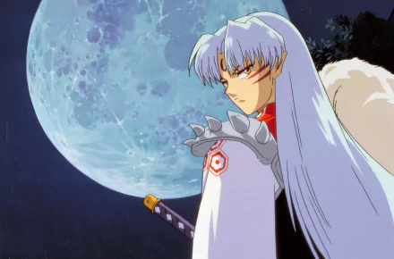 A vibrant HD desktop wallpaper featuring Sesshōmaru from InuYasha, set against a dramatic night sky illuminated by a full moon. The character's imposing presence captivates the viewer.