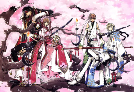 Anime illustration from Tsubasa: Reservoir Chronicle featuring four characters with swords amidst pink cherry blossoms, designed as a 4K Ultra HD PC desktop wallpaper.