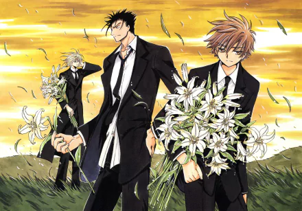 Anime 4K Ultra HD PC desktop wallpaper: Tsubasa: Reservoir Chronicle — three men in black suits holding white lilies beneath a golden sky.