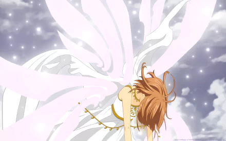 HD PC desktop wallpaper featuring an anime scene from Tsubasa: Reservoir Chronicle with a character enveloped in glowing, ethereal wings against a starry background.