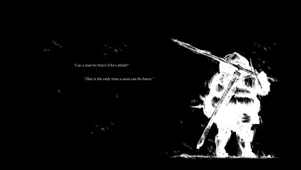 Silhouetted figure of Siegmeyer of Catarina from Dark Souls III, holding a sword against a dark background, accompanied by poignant quotes that reflect the game's themes.
