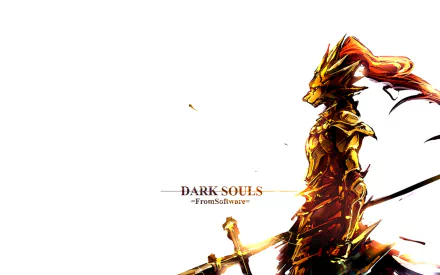 HD PC desktop wallpaper featuring Dragonslayer Ornstein from the video game Dark Souls, showcasing the character in dynamic, fiery armor against a white background.
