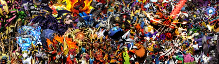 A vibrant HD anime-themed desktop wallpaper featuring a dynamic collage of various Digimon characters, showcasing their unique designs and fierce expressions in a colorful background.