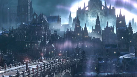 Dark Souls III HD PC desktop wallpaper depicting a dark, gothic castle with towering spires under a mystical, foggy sky.