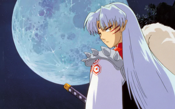 A vibrant HD desktop wallpaper featuring Sesshōmaru from InuYasha, set against a dramatic night sky illuminated by a full moon. The character's imposing presence captivates the viewer.