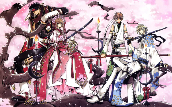 Anime illustration from Tsubasa: Reservoir Chronicle featuring four characters with swords amidst pink cherry blossoms, designed as a 4K Ultra HD PC desktop wallpaper.