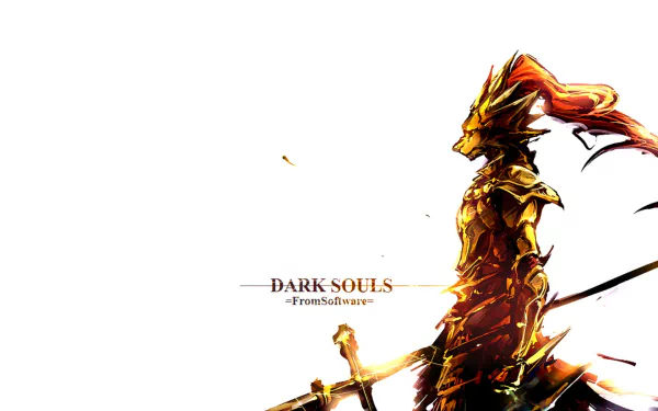 HD PC desktop wallpaper featuring Dragonslayer Ornstein from the video game Dark Souls, showcasing the character in dynamic, fiery armor against a white background.