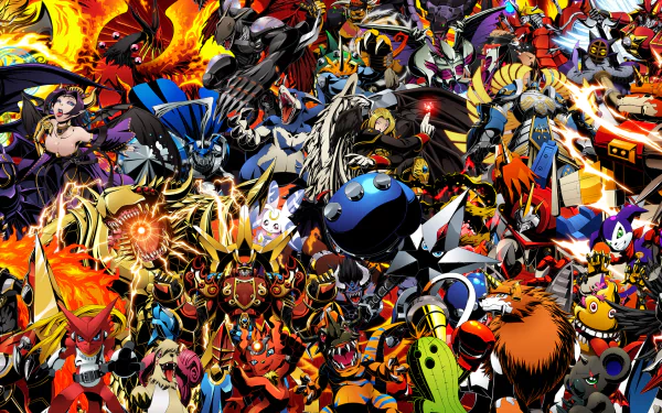 A vibrant HD anime-themed desktop wallpaper featuring a dynamic collage of various Digimon characters, showcasing their unique designs and fierce expressions in a colorful background.