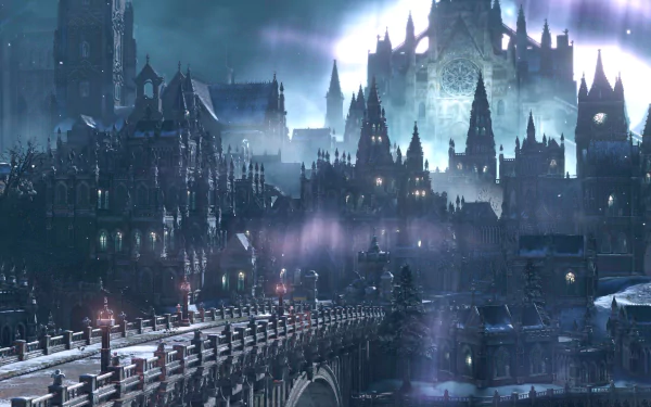 Dark Souls III HD PC desktop wallpaper depicting a dark, gothic castle with towering spires under a mystical, foggy sky.
