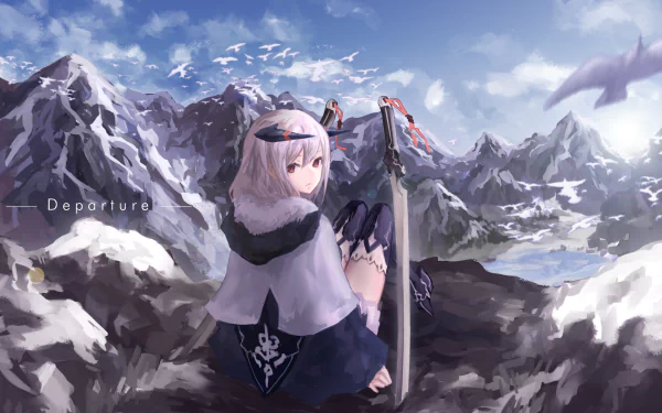 Anime-inspired HD wallpaper featuring a character with a sword, gazing over a mountain landscape, embodying themes of adventure and departure against a vibrant sky.