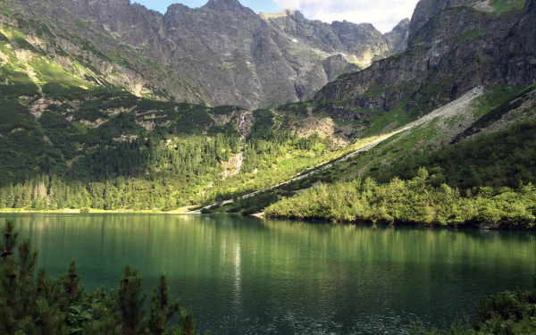 2K Quad HD PC desktop wallpaper: Polish mountain lake with emerald water, dense forested shore and rugged peaks under soft sunlight.