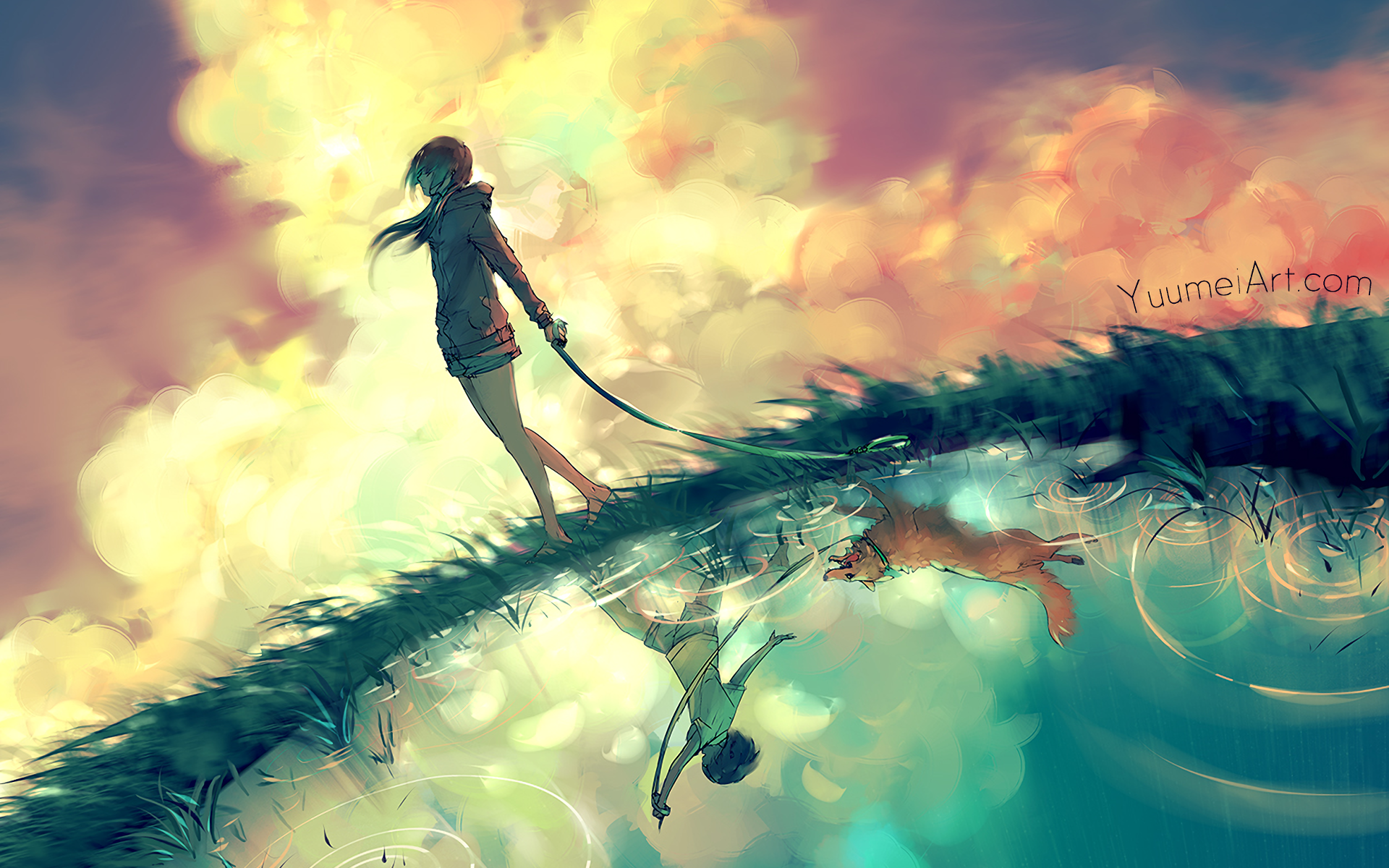 A vibrant HD anime wallpaper featuring a girl walking her dog along a reflective surface, surrounded by colorful clouds and serene water, creating a dreamy atmosphere.