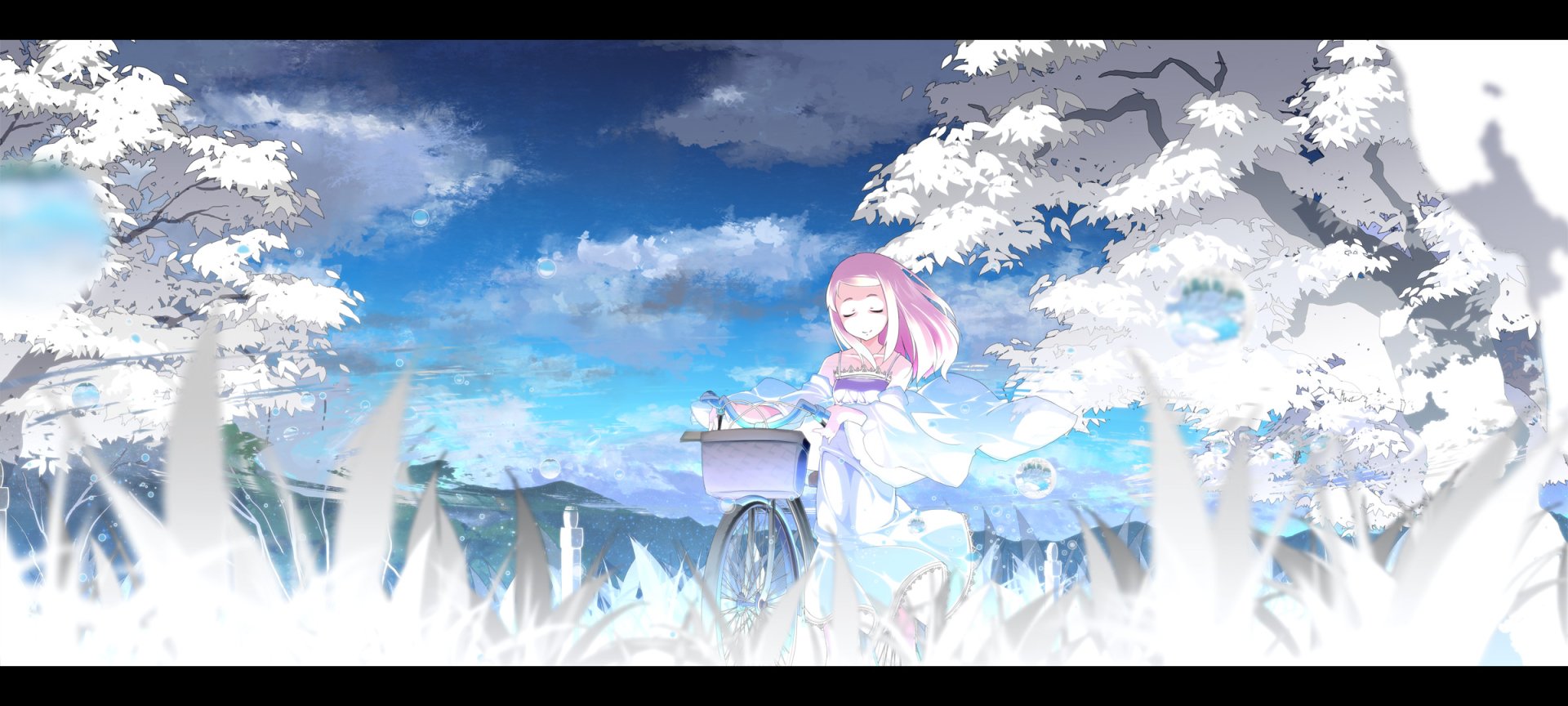 Anime original HD PC desktop wallpaper background: pink-haired girl in a flowing white dress on a bicycle beneath white trees against a vivid blue sky.