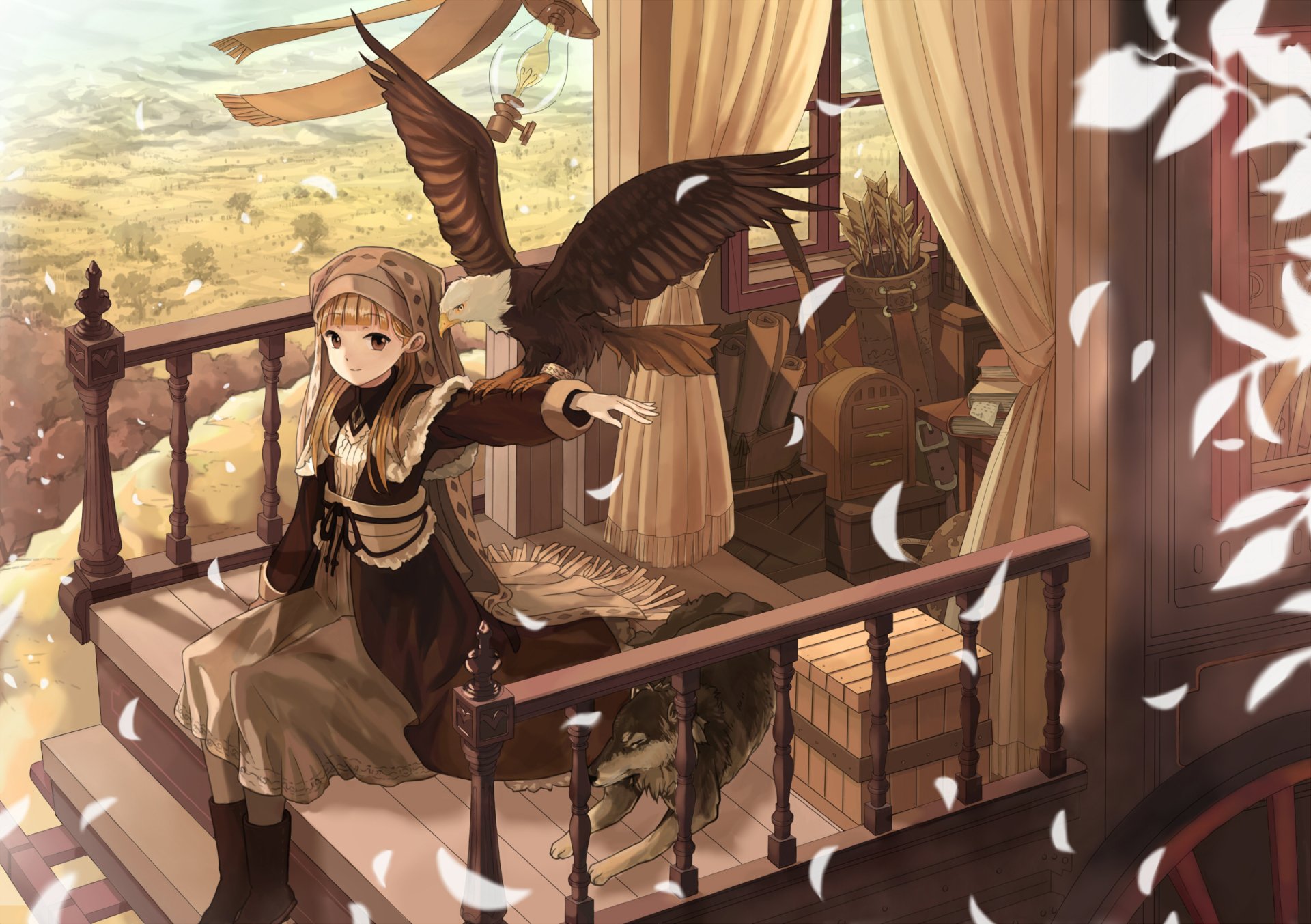 HD anime original artwork depicting a girl with an eagle perched on her arm, standing on a balcony overlooking a sunlit, detailed landscape, designed as a PC desktop wallpaper.