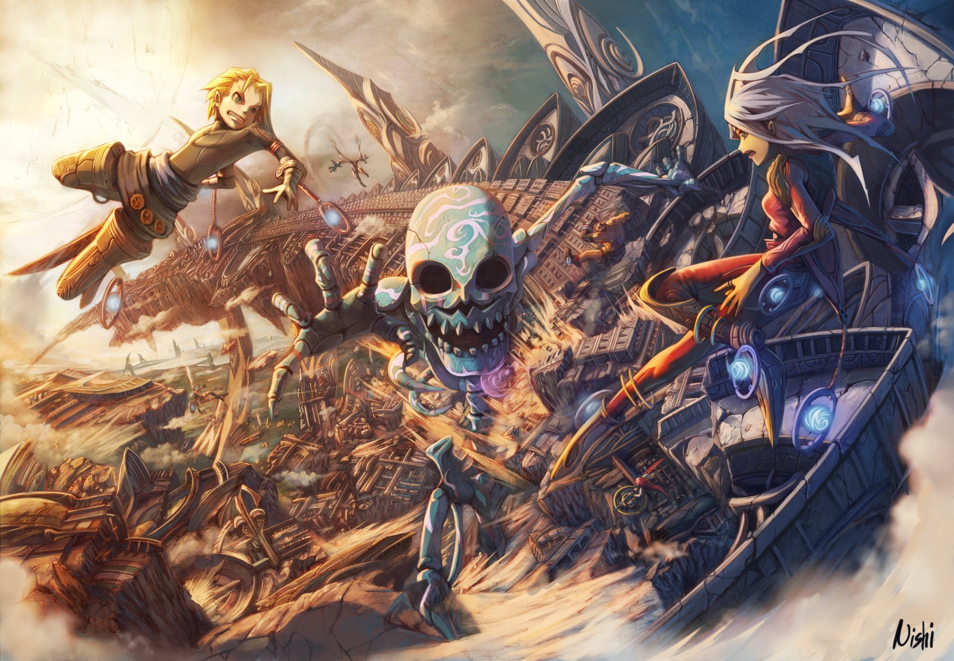 A dynamic anime scene featuring two characters interacting with a floating skull amidst a chaotic, futuristic landscape, designed as an HD PC desktop wallpaper and background.