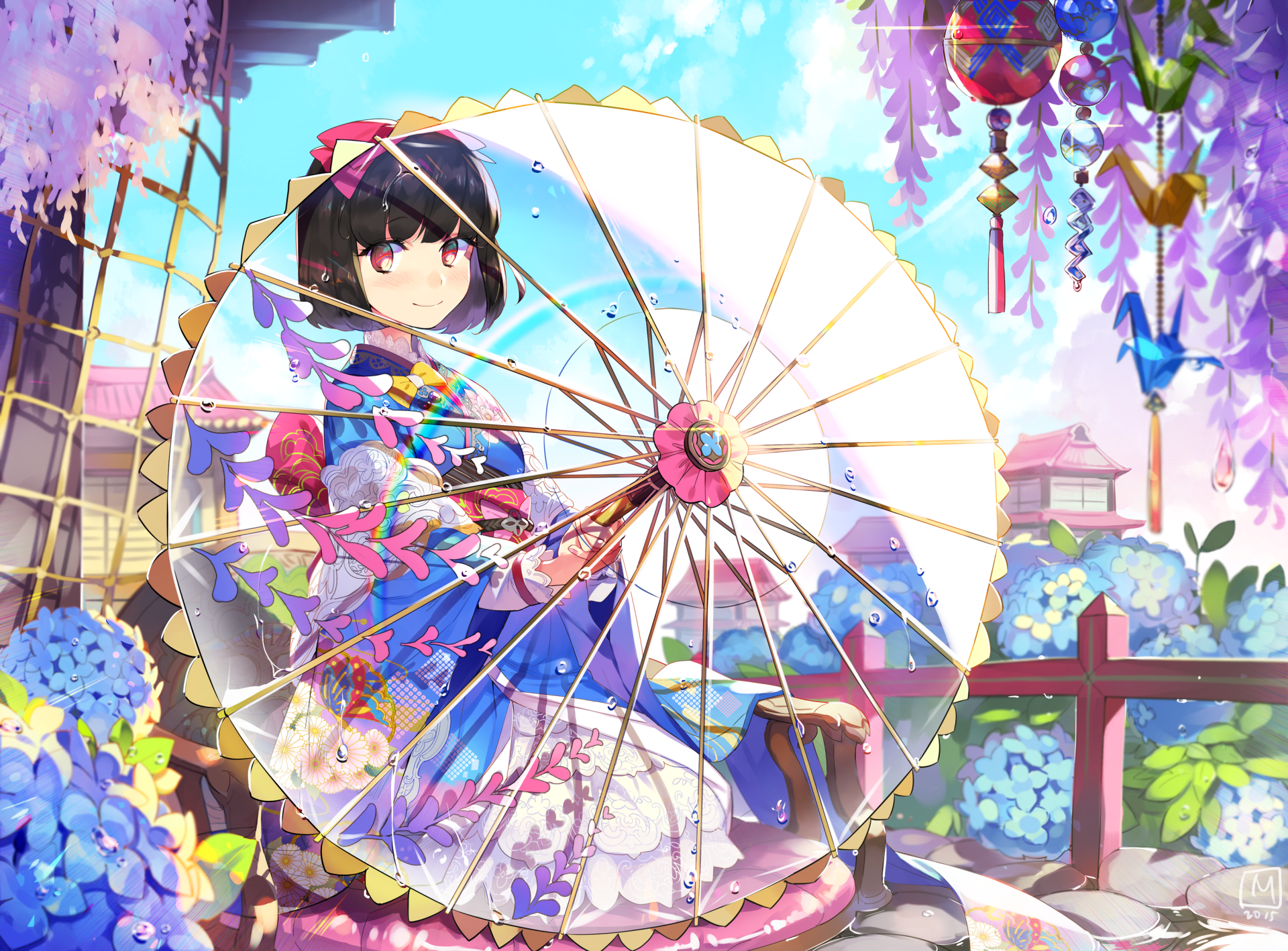 HD anime wallpaper featuring a geisha holding a delicate umbrella, surrounded by vibrant flowers and traditional Japanese architecture in a colorful, serene setting.