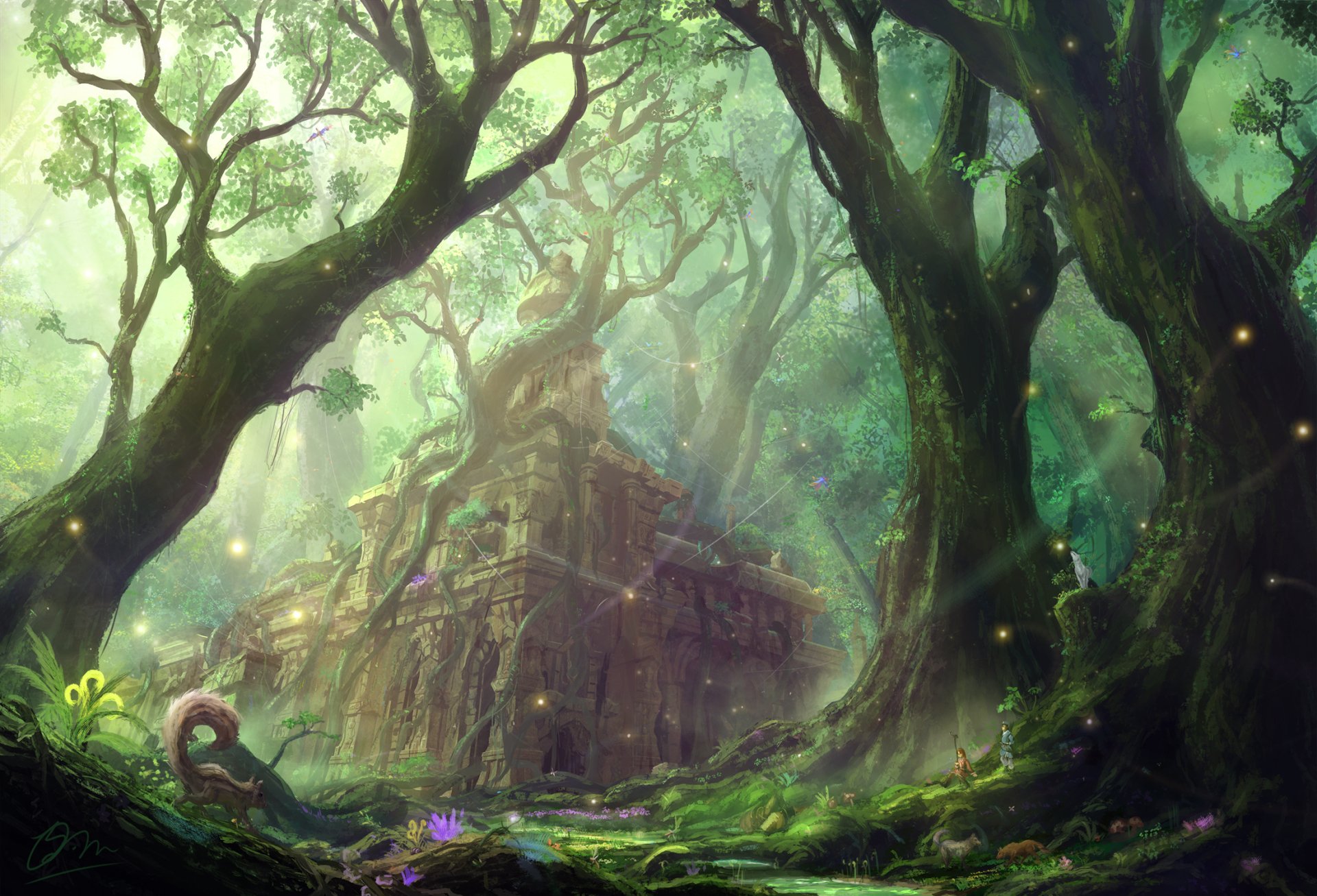 Original fantasy anime HD PC wallpaper: an ancient treehouse-temple nestled in a glowing, mossy forest, dappled sunlight and floating fireflies creating a magical background.