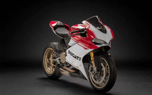 Red and white Ducati 1299 sportbike vehicle on a dark studio backdrop, presented as an HD PC desktop wallpaper/background.