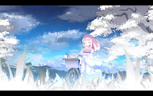 Anime original HD PC desktop wallpaper background: pink-haired girl in a flowing white dress on a bicycle beneath white trees against a vivid blue sky.
