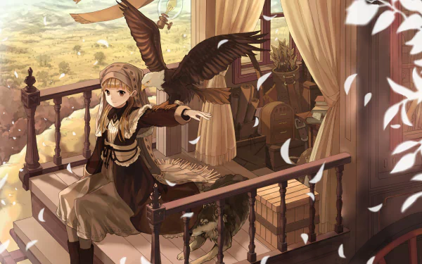 HD anime original artwork depicting a girl with an eagle perched on her arm, standing on a balcony overlooking a sunlit, detailed landscape, designed as a PC desktop wallpaper.