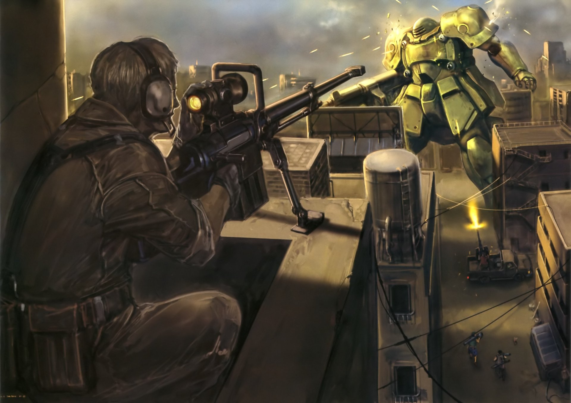 HD PC desktop wallpaper from the anime After War Gundam X, depicting a sniper aiming at a green mobile suit amid a smoky, war-torn urban battlefield.