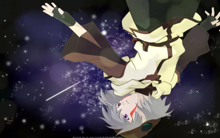 HD anime desktop wallpaper featuring a character from .hack//sign with silver hair and a wide-brimmed hat floating against a starry, cosmic background.