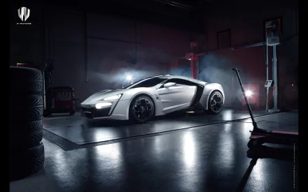 A sleek Lykan HyperSport is showcased in a dimly lit garage, surrounded by tire stacks and workshop equipment, making for an impressive HD desktop wallpaper.