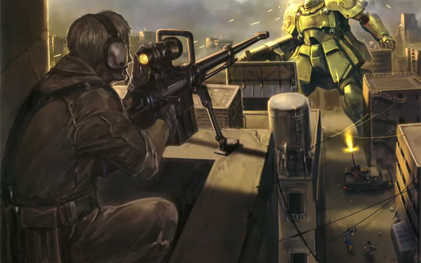 HD PC desktop wallpaper from the anime After War Gundam X, depicting a sniper aiming at a green mobile suit amid a smoky, war-torn urban battlefield.