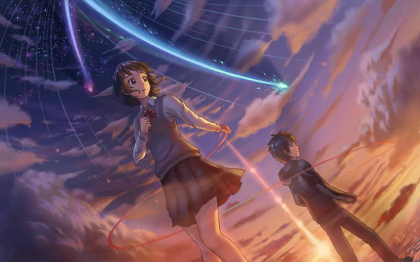 A stunning HD desktop wallpaper featuring Taki Tachibana and Mitsuha Miyamizu from the anime Your Name, set against a colorful sky and celestial backdrop.
