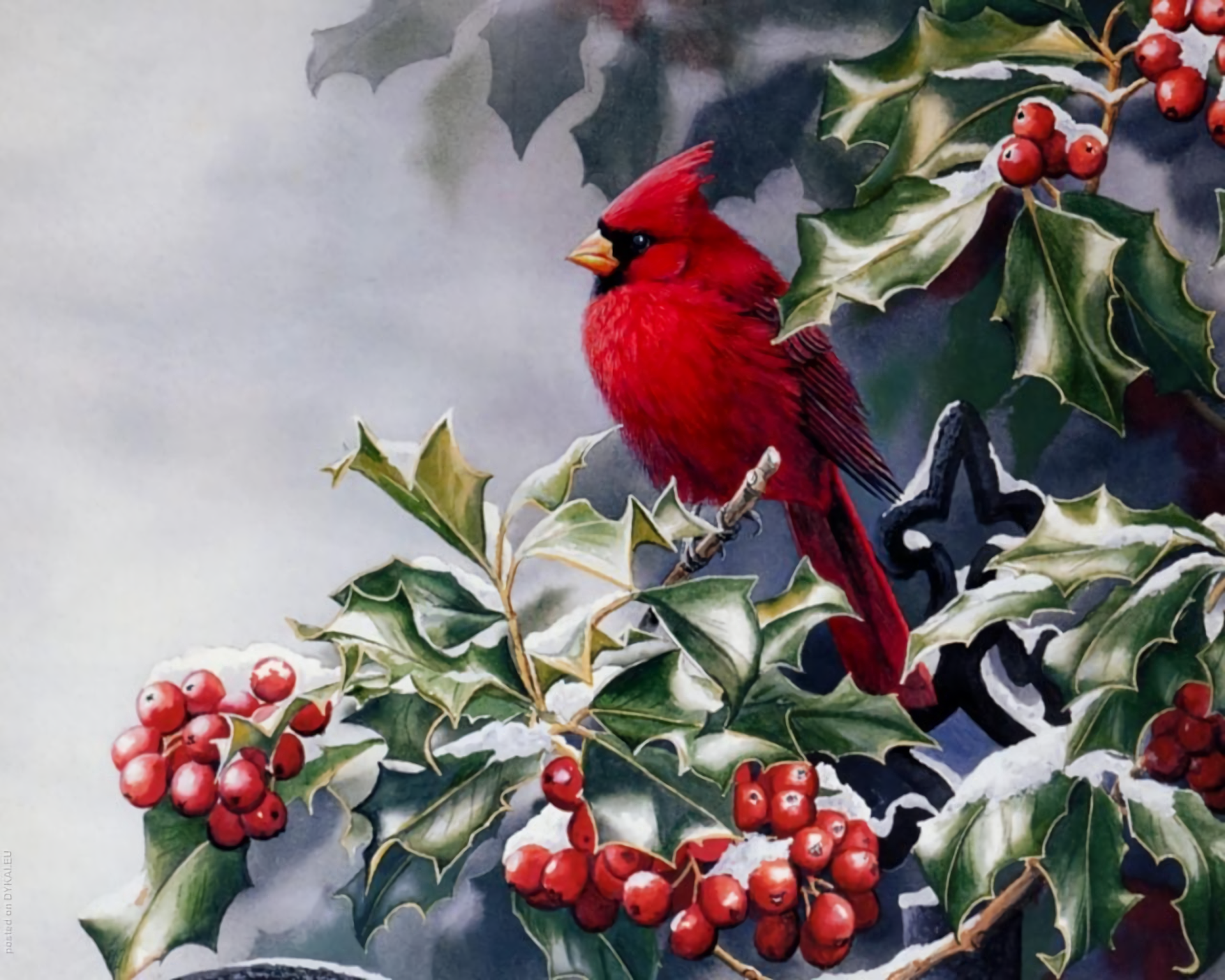 Fantasy Digital Illustration Of The Red Cardinal Bird On A Tree Branch With  Red Berries. Snowy Winter Artwork Featuring Northern Cardinal Bird With A  Blue Background. Stock Photo, Picture and Royalty Free