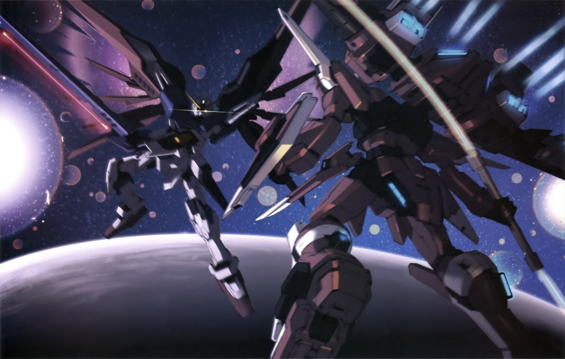 Anime Mobile Suit Gundam Seed Destiny 2K Quad HD PC desktop wallpaper: two mobile suits duel above a planet, glowing thrusters and a starfield backdrop.