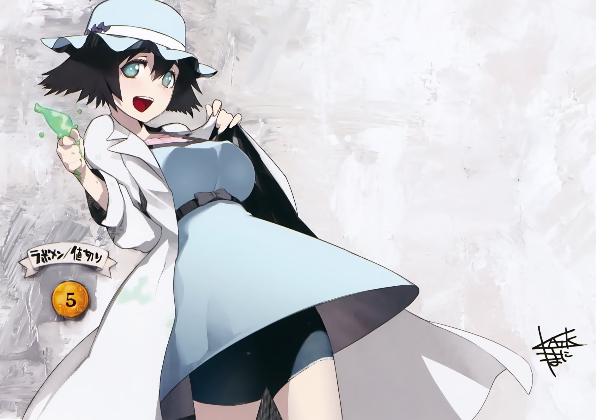 Steins;Gate anime 4K Ultra HD PC wallpaper: cheerful girl in a white lab coat and hat smiles, holding a glowing green spiral against a pale, textured background.