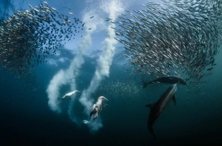  Cape gannets dive among dolphins to catch sardines as they migrate by Greg Lecoeur