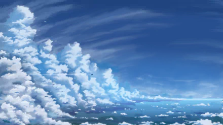 HD anime desktop wallpaper featuring vivid blue sky with soft, fluffy clouds stretching across, capturing a serene and expansive sky anime scene.
