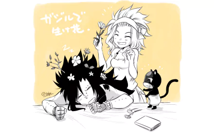 A playful scene featuring Levy McGarden cheerfully decorating Gajeel Redfox with flowers while Panther Lily observes, set against a cheerful yellow background from the anime Fairy Tail.