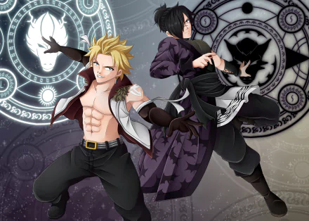 Dynamic HD wallpaper featuring Rogue Cheney and Sting Eucliffe from the anime Fairy Tail, showcasing their powerful poses against an intricate background.