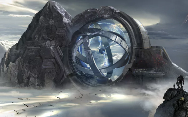 A stunning HD desktop wallpaper featuring a futuristic scene inspired by Titanfall 2. It showcases a sleek, spherical structure amidst dramatic mountains and a vast, cloudy sky.