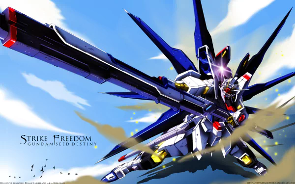 Anime-inspired HD wallpaper featuring the Strike Freedom from Mobile Suit Gundam Seed Destiny, showcasing dynamic action and vibrant colors.