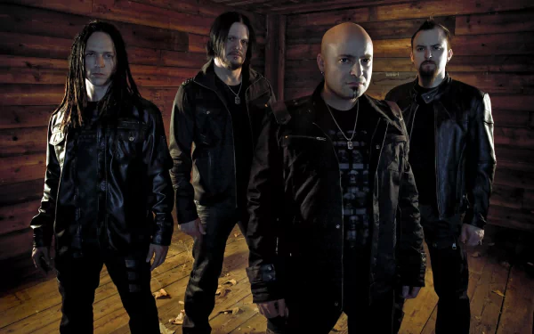 HD desktop wallpaper featuring the heavy metal band Disturbed posing in a dark, wooden interior, capturing their intense music style and presence.